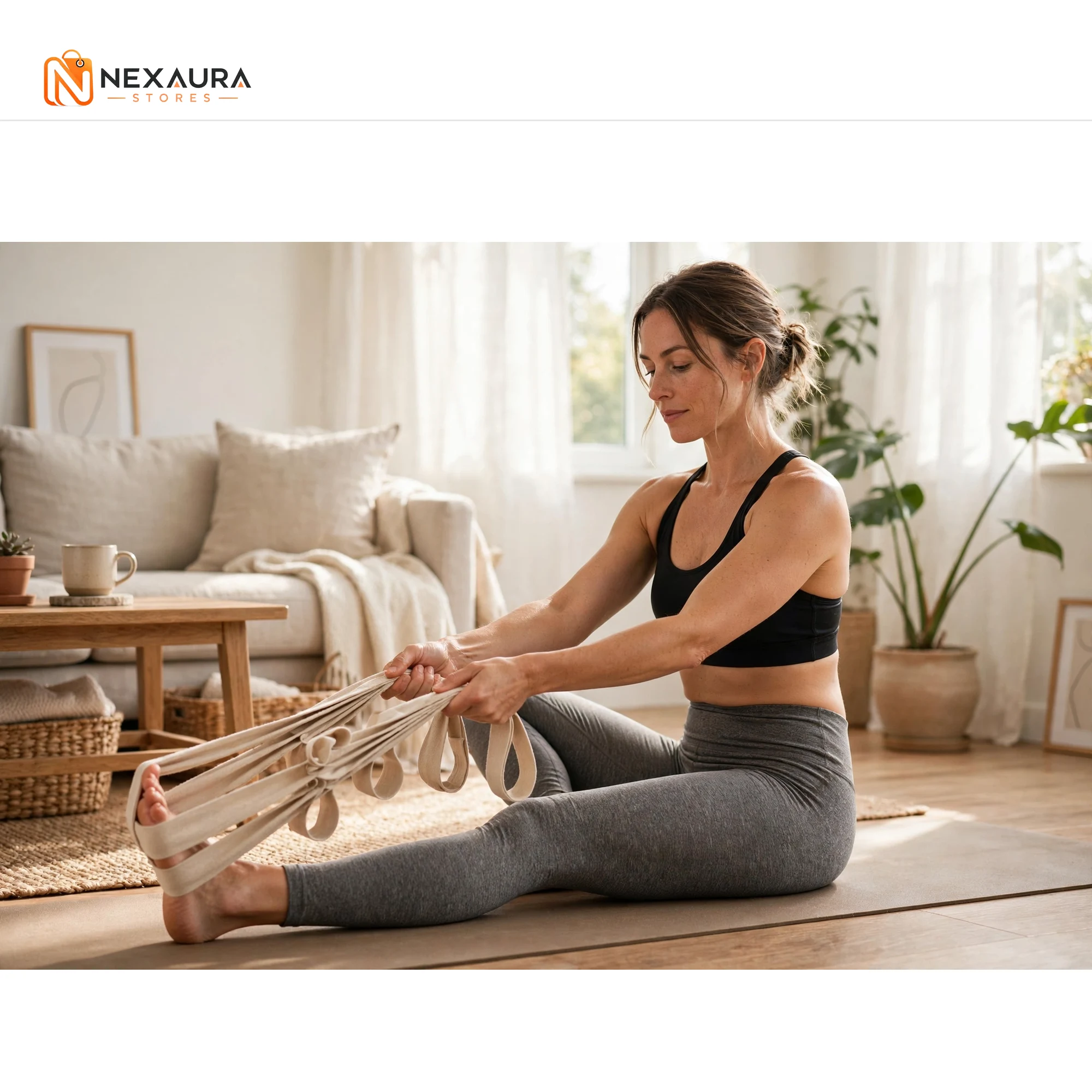 Using the yoga strap for a leg stretch at home