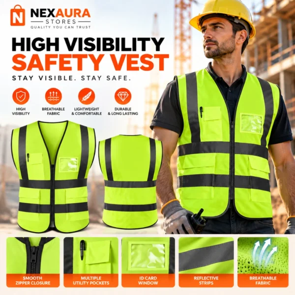 Hi Vis Safety Vest – High Visibility Waistcoat with Phone & ID Pockets